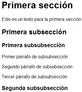 Visualización de encabezados de distintos niveles y párrafos para cada sección (encabezado)