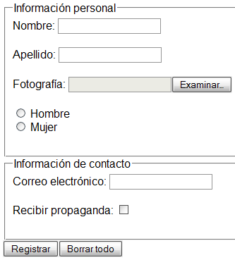 Formulario avanzado con agrupaciones de etiquetas y controles por tema