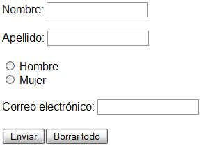 Formulario simple con campos de texto, botones de selección y botones de confirmación y limpieza